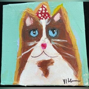 Handmade Cat On Turquoise 6” Square Acrylic Painting
